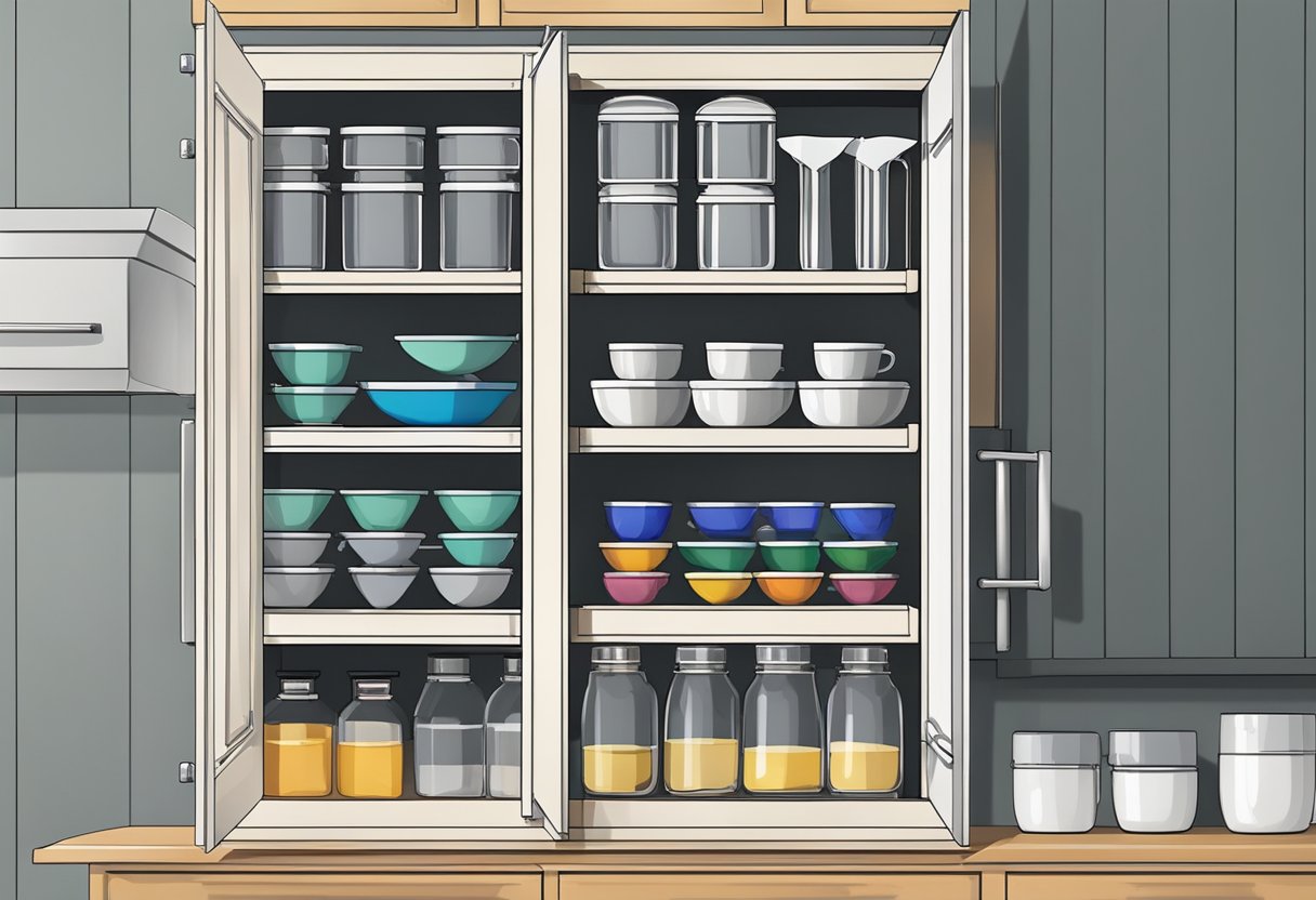 Glasses neatly arranged in a kitchen cabinet, with adjustable shelves and labeled sections for easy access and organization