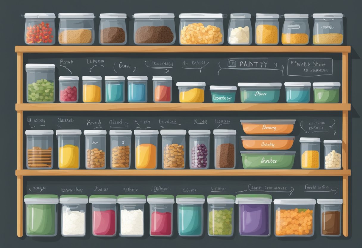 The pantry shelves are neatly arranged with labeled bins and containers, storing various dry goods and kitchen essentials. Hooks and racks hold pots, pans, and utensils, while a chalkboard wall displays meal plans and grocery lists
