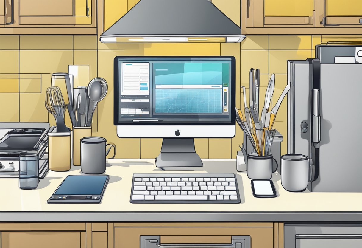 A neatly organized kitchen countertop with glasses and electronic devices arranged in an orderly manner