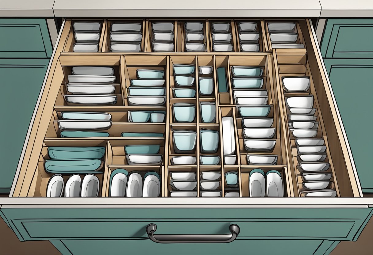 Glasses are neatly arranged in a drawer using dividers and organizers, creating a visually appealing and functional kitchen organization system