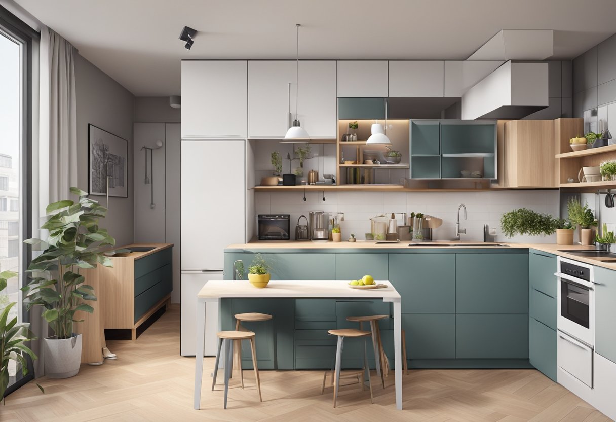 A compact kitchen with smart storage solutions and dual-purpose furniture in a combined studio and apartment space