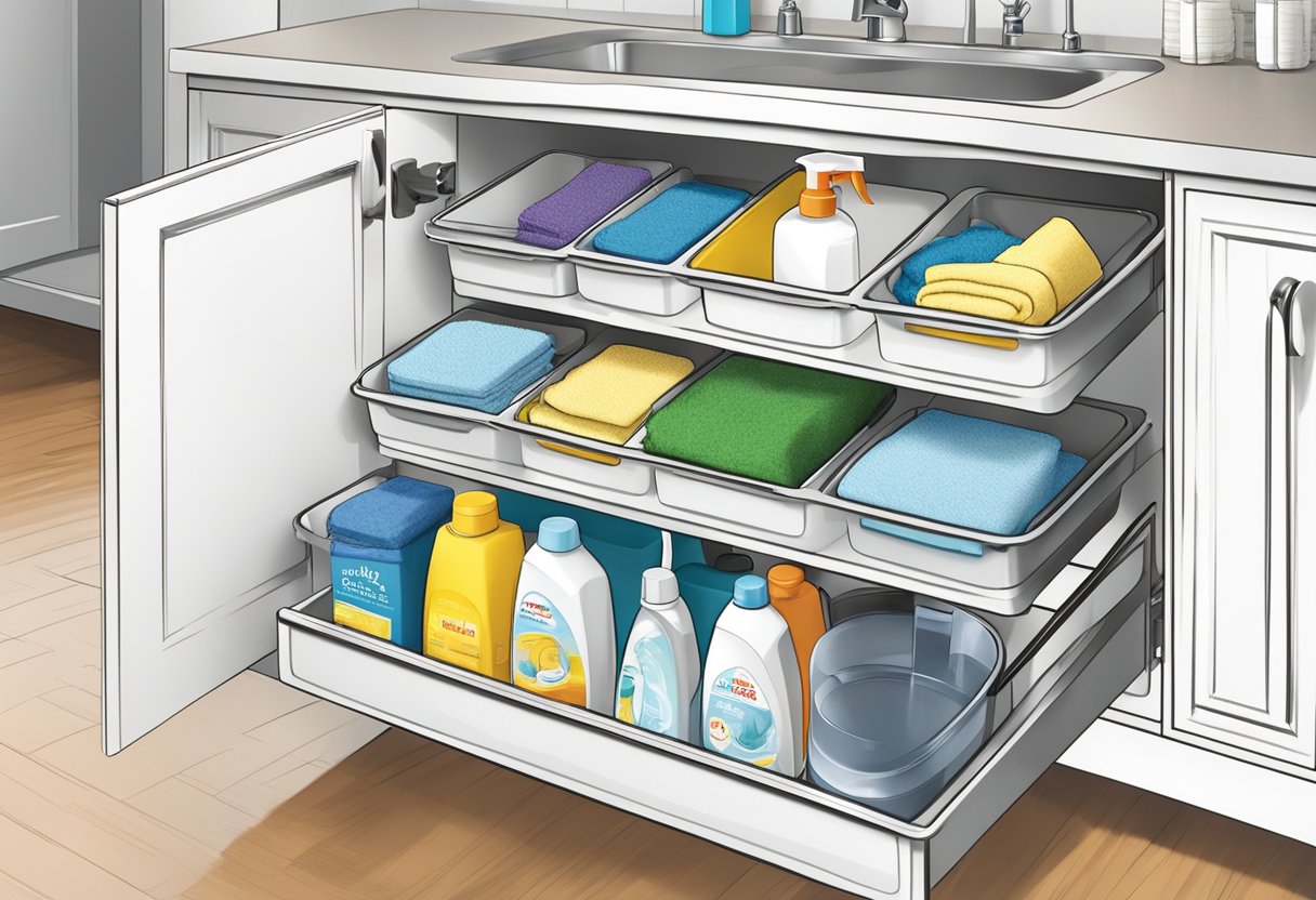 Clean, labeled bins neatly stacked under the sink. Hanging hooks hold scrubbers and towels. A sliding drawer contains cleaning supplies