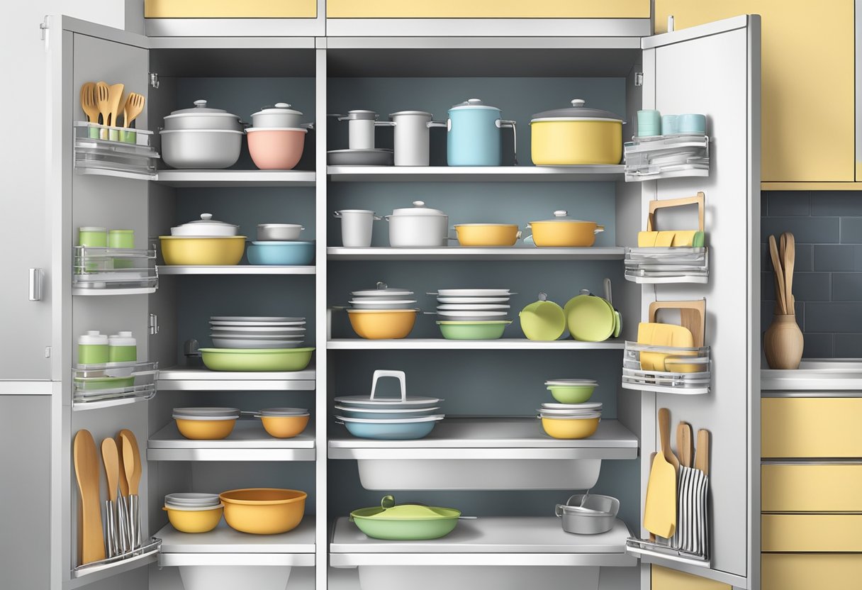 A compact kitchen with labeled containers, hanging utensils, and foldable shelves for efficient storage in a small space