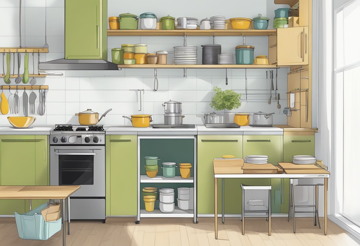 A small kitchen with neatly organized shelves, labeled containers, and hanging racks for pots and pans. A foldable table with compact storage solutions maximizes the limited space