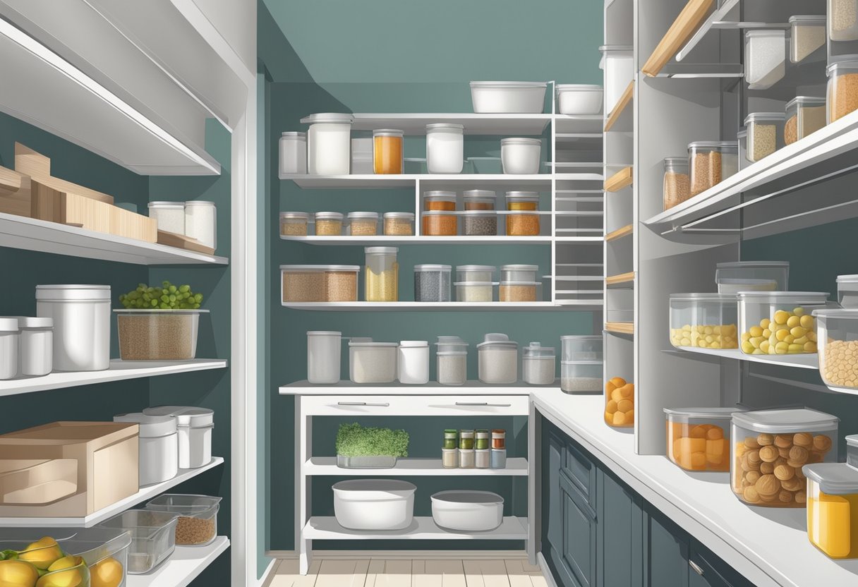 The pantry shelves are neatly arranged with labeled containers and baskets, showcasing a systematic and efficient kitchen organization