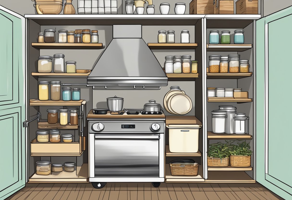 A compact kitchen with labeled jars, pull-out shelves, and hanging baskets for efficient storage