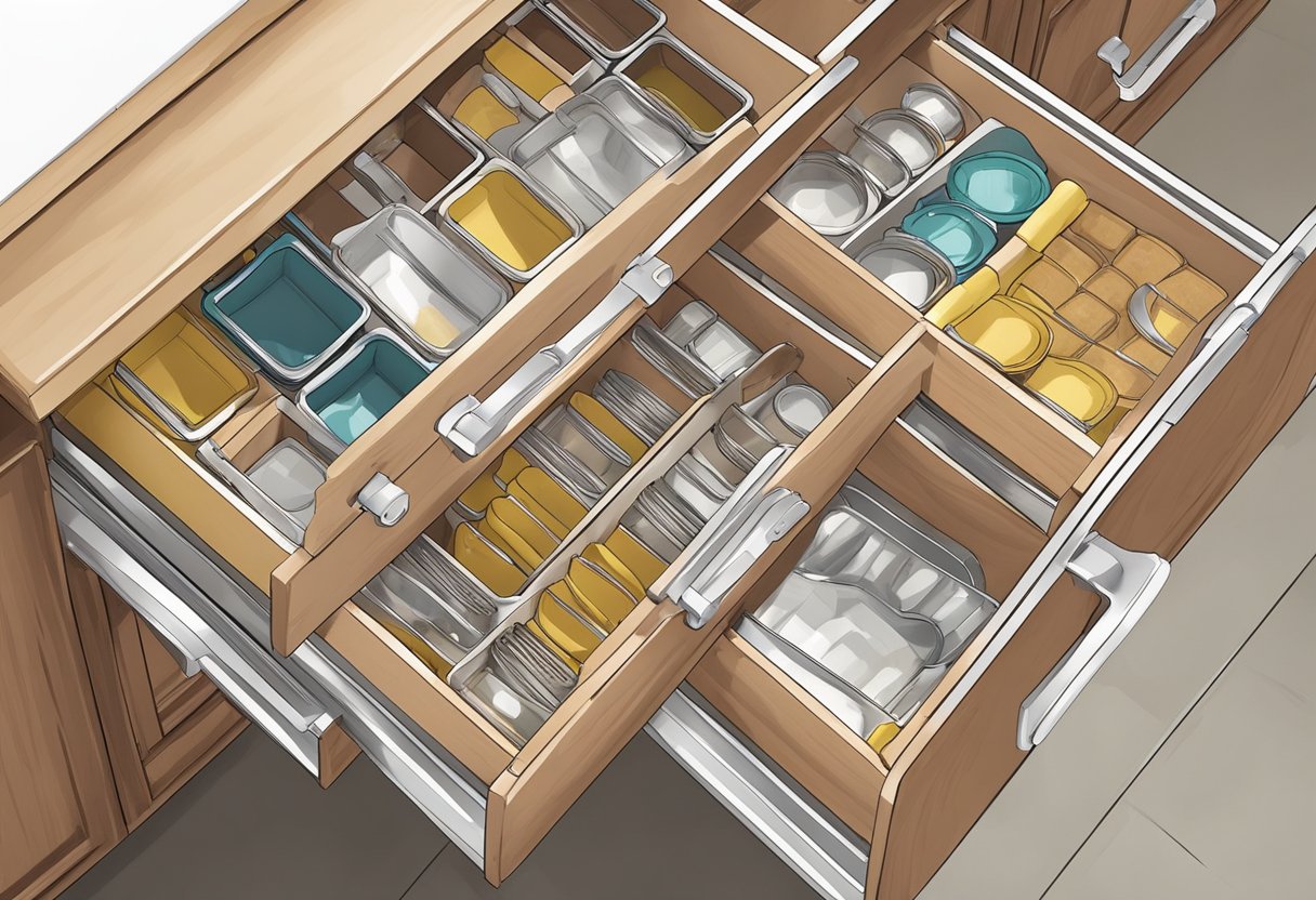 Neatly arranged cabinets and drawers in a small kitchen, with labeled containers and dividers for efficient organization