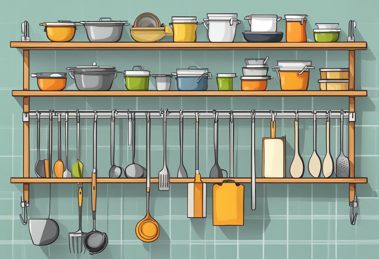 Various utensils and tools hang neatly on hooks and racks mounted on the kitchen wall, with labeled shelves for spices and condiments