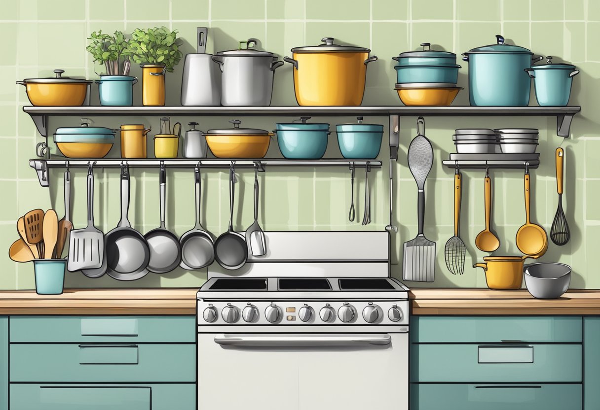 A kitchen wall with shelves, hooks, and baskets holding various kitchen utensils, pots, and pans in an organized and tidy manner