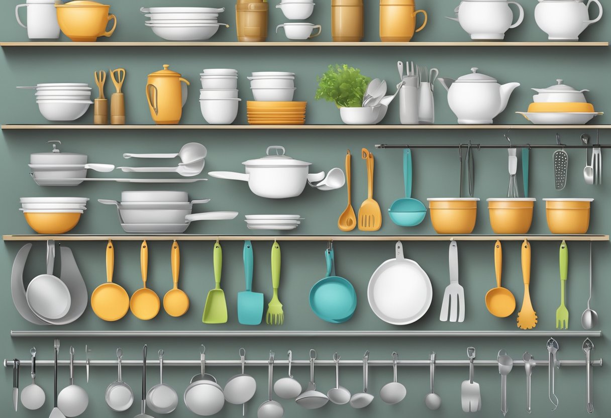 A wall with labeled shelves and hooks for kitchen tools and utensils