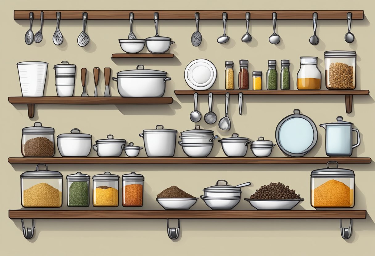A kitchen wall with labeled shelves for spices, hooks for utensils, and a magnetic board for recipes