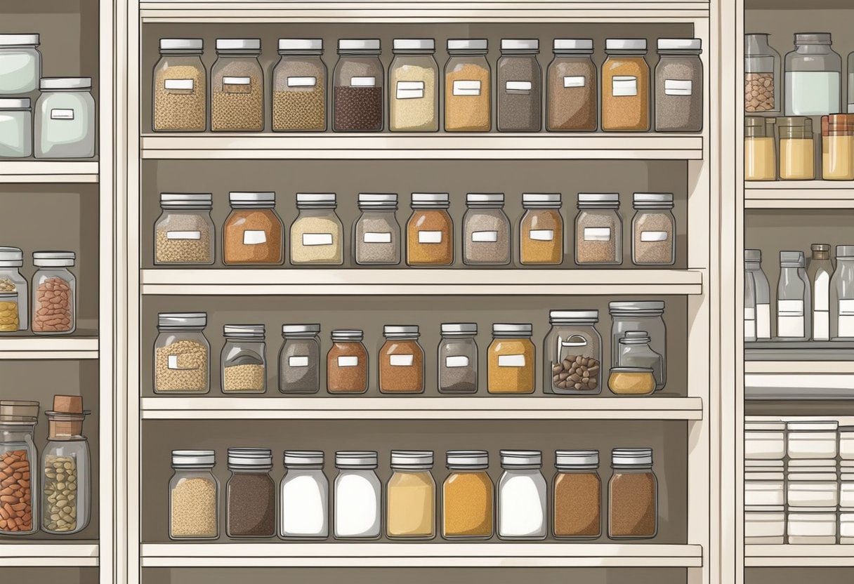 A neatly organized pantry with labeled shelves, baskets, and jars. Spices and dry goods are neatly arranged, and there is a sense of order and cleanliness throughout the space