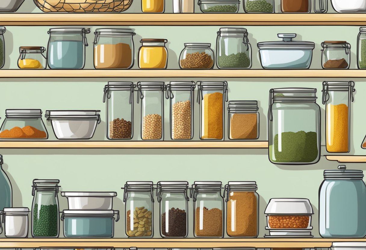Various shelves, hooks, and baskets are mounted on the kitchen wall. Jars, utensils, and spices are neatly arranged for easy access