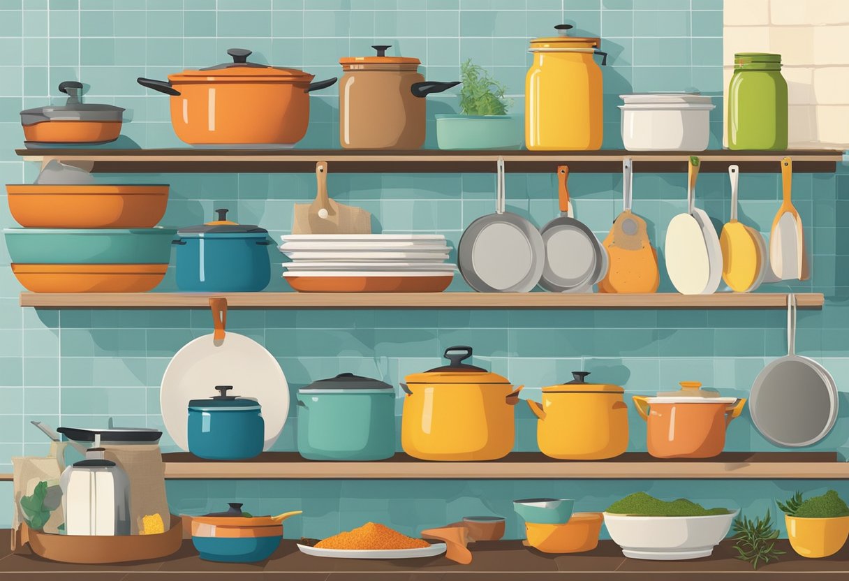 Pots and pans neatly hung on a pegboard, jars of spices arranged on a shelf, and a stack of colorful dish towels folded neatly on the counter