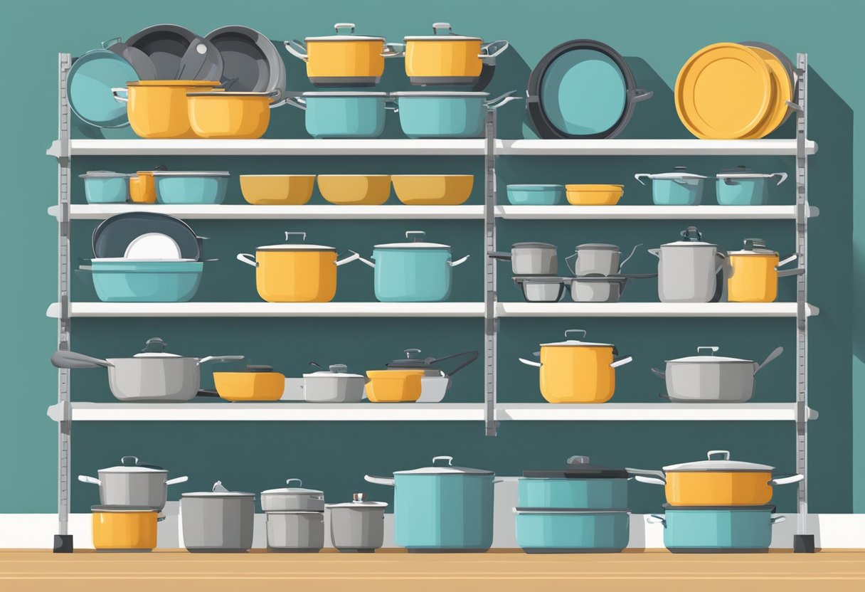 Shelves and hooks hold pots, pans, and utensils. Labels on jars and bins. Compact appliances neatly arranged. Efficient use of space