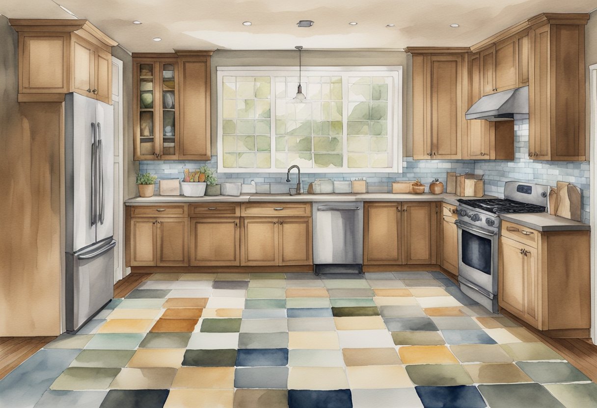 A kitchen with various flooring samples laid out, including tile, hardwood, and laminate. Different textures and colors are displayed for evaluation