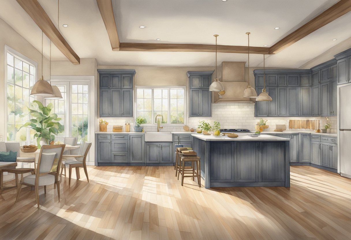 Various flooring materials are displayed in a kitchen setting. Options include hardwood, tile, laminate, and vinyl. Light streams in through a window, illuminating the samples
