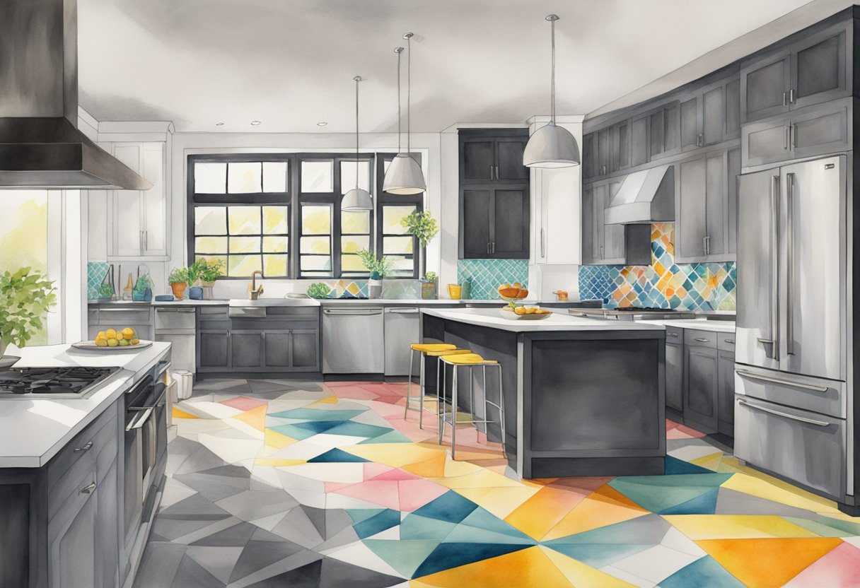A modern kitchen with sleek, grey hardwood flooring and pops of vibrant color in the form of geometric patterned tiles or bold, graphic rugs