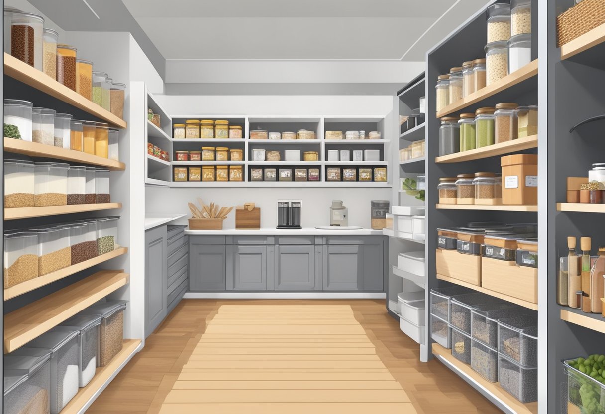 A well-organized pantry with labeled containers, adjustable shelving, and pull-out drawers for easy access. Baskets and bins neatly store snacks, canned goods, and spices