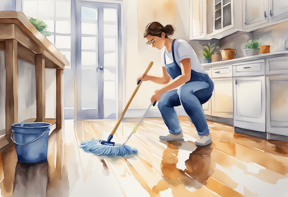 A person mopping a clean and shiny kitchen floor with a bucket of soapy water and a mop, while carefully avoiding any spills or messes