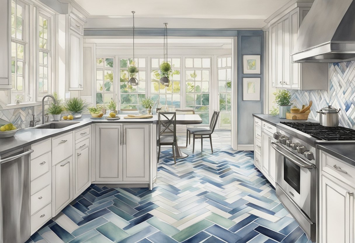 A modern kitchen with geometric tile flooring in a herringbone pattern, surrounded by white cabinets and stainless steel appliances