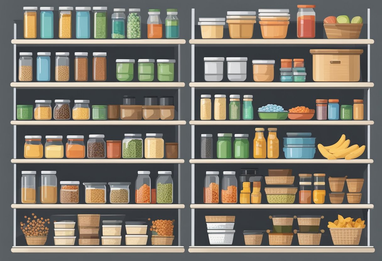 The pantry shelves are neatly organized with labeled containers and baskets. Special considerations for kitchen organization are evident in the designated sections for canned goods, dry goods, and spices