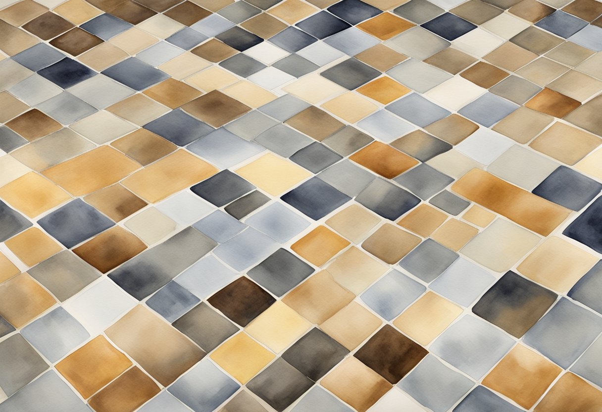 The kitchen floor is adorned with four different colored tiles, arranged in a checkerboard pattern. The colors include white, gray, beige, and brown, creating a visually appealing and modern look for the kitchen
