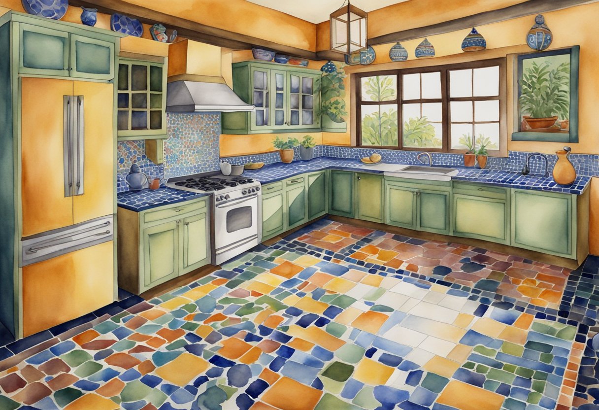 A kitchen with colorful mosaic tiles, a traditional Persian rug, and Mexican Talavera pottery, reflecting regional and cultural influences