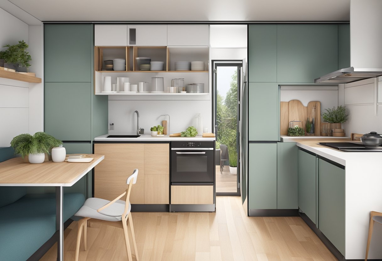 A small, efficient kitchen with narrow walls, featuring compact storage, fold-down tables, and sliding doors for maximizing space