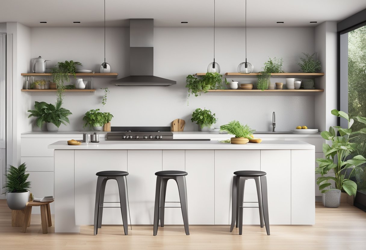 A modern, minimalist kitchen with sleek, white cabinets and stainless steel appliances. The narrow walls are adorned with floating shelves displaying stylish cookware and plants, creating a clean and functional aesthetic