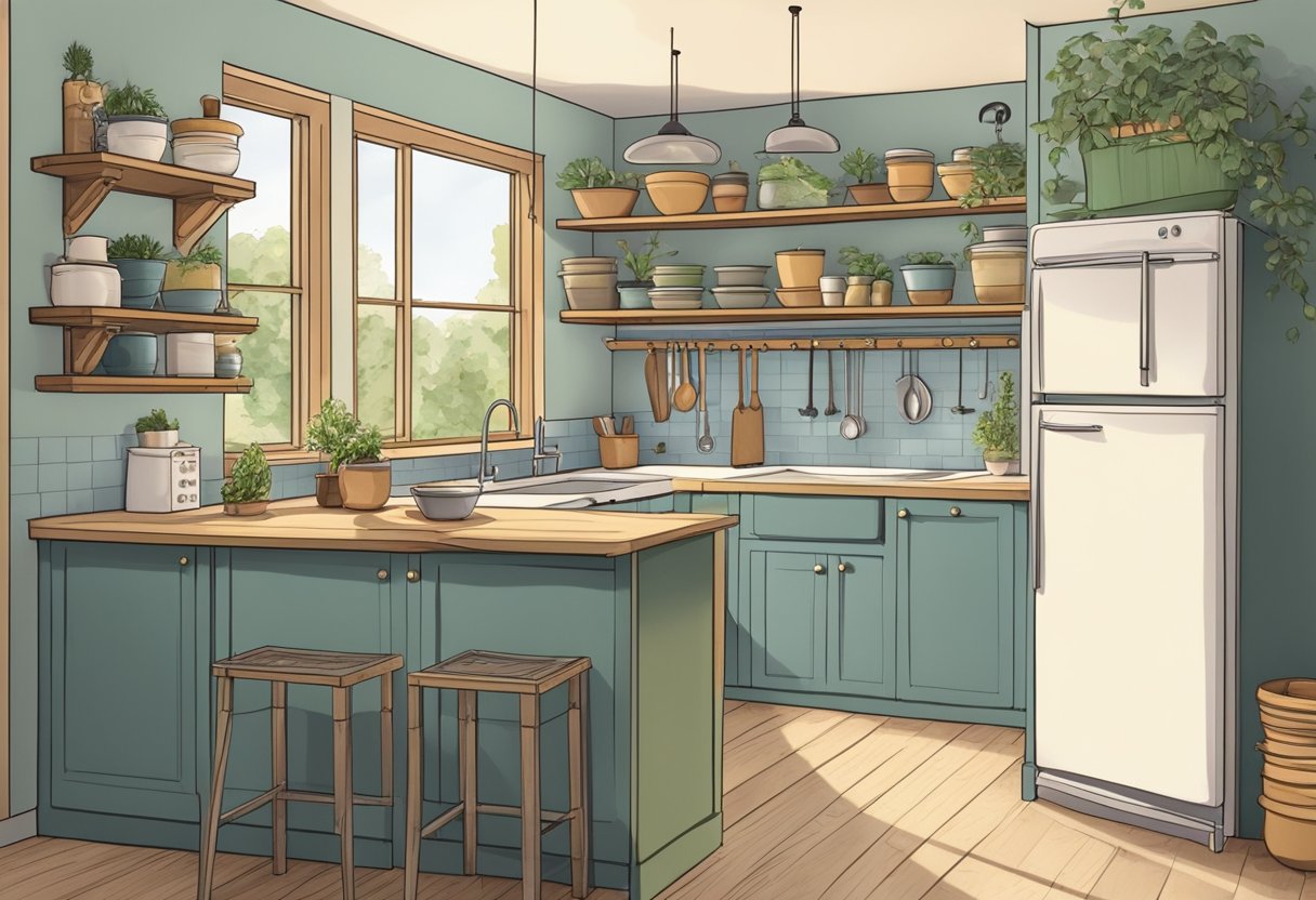 A cozy kitchen with a narrow wall, featuring built-in shelves, hanging pots, and pans, a small stove, and a compact sink