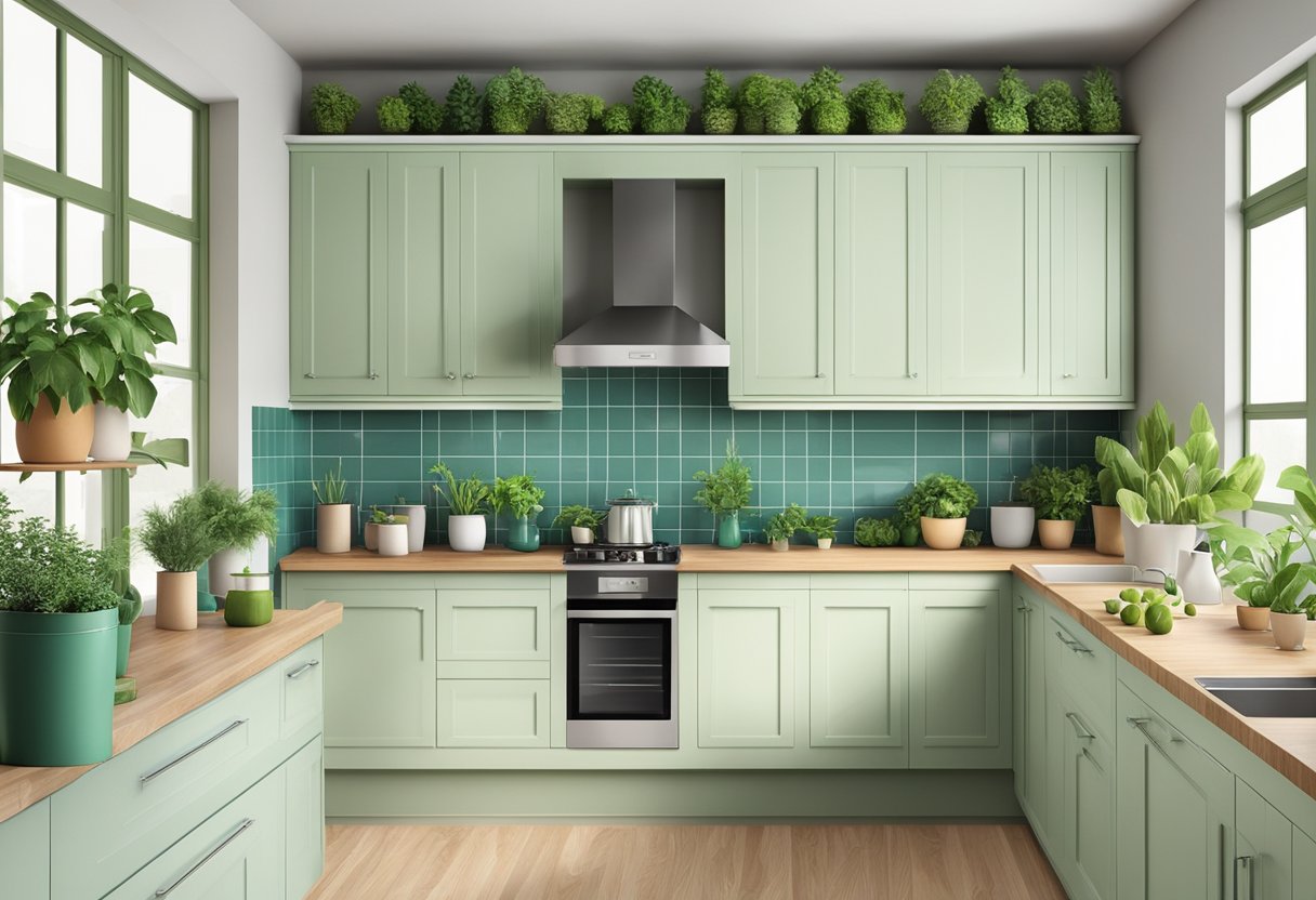 A collection of green plants and decorative vases arranged on top of the kitchen cabinets