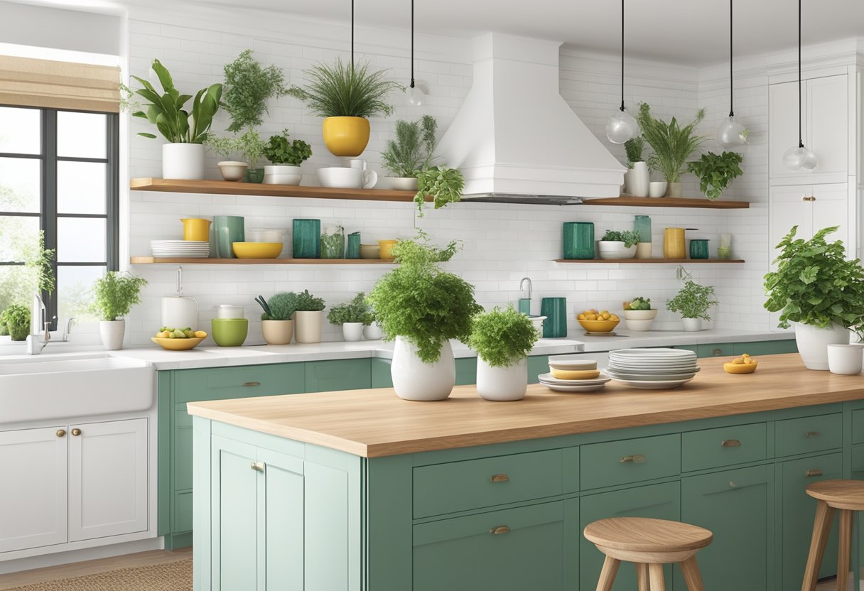 Colorful ceramic vases, green plants, and decorative plates arranged on top of sleek white kitchen cabinets