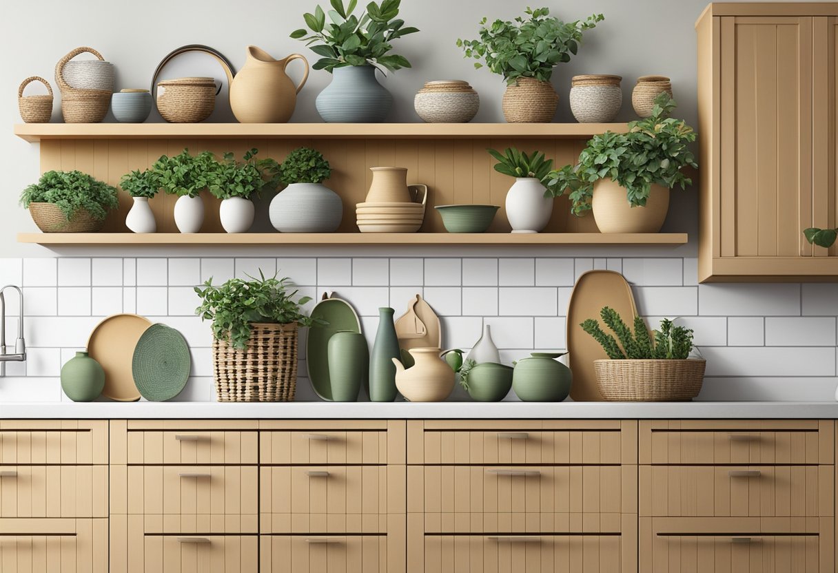 A collection of ceramic vases, greenery, and woven baskets arranged on top of the kitchen cabinets