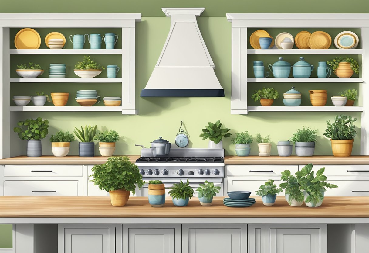 A row of potted plants, decorative plates, and baskets sit atop the kitchen cabinets, adding a touch of greenery and charm to the space