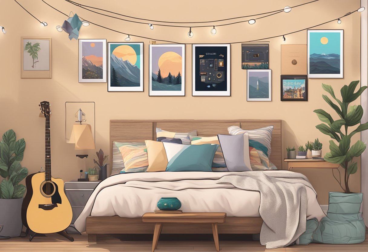 A cozy bedroom with Taylor Swift posters, fairy lights, and DIY album cover wall art. A guitar sits in the corner, surrounded by polaroid pictures and song lyrics