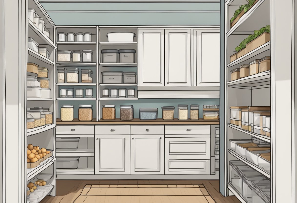 A neatly organized pantry with labeled shelves, clear containers, and hanging baskets for easy access to ingredients and supplies