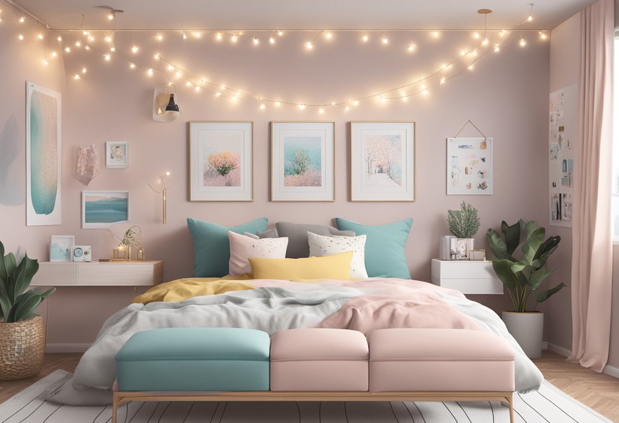 A stylish bedroom with Taylor Swift-inspired decor: polaroid photo wall, fairy lights, and pastel color scheme. DIY elements like handmade throw pillows and personalized artwork complete the look