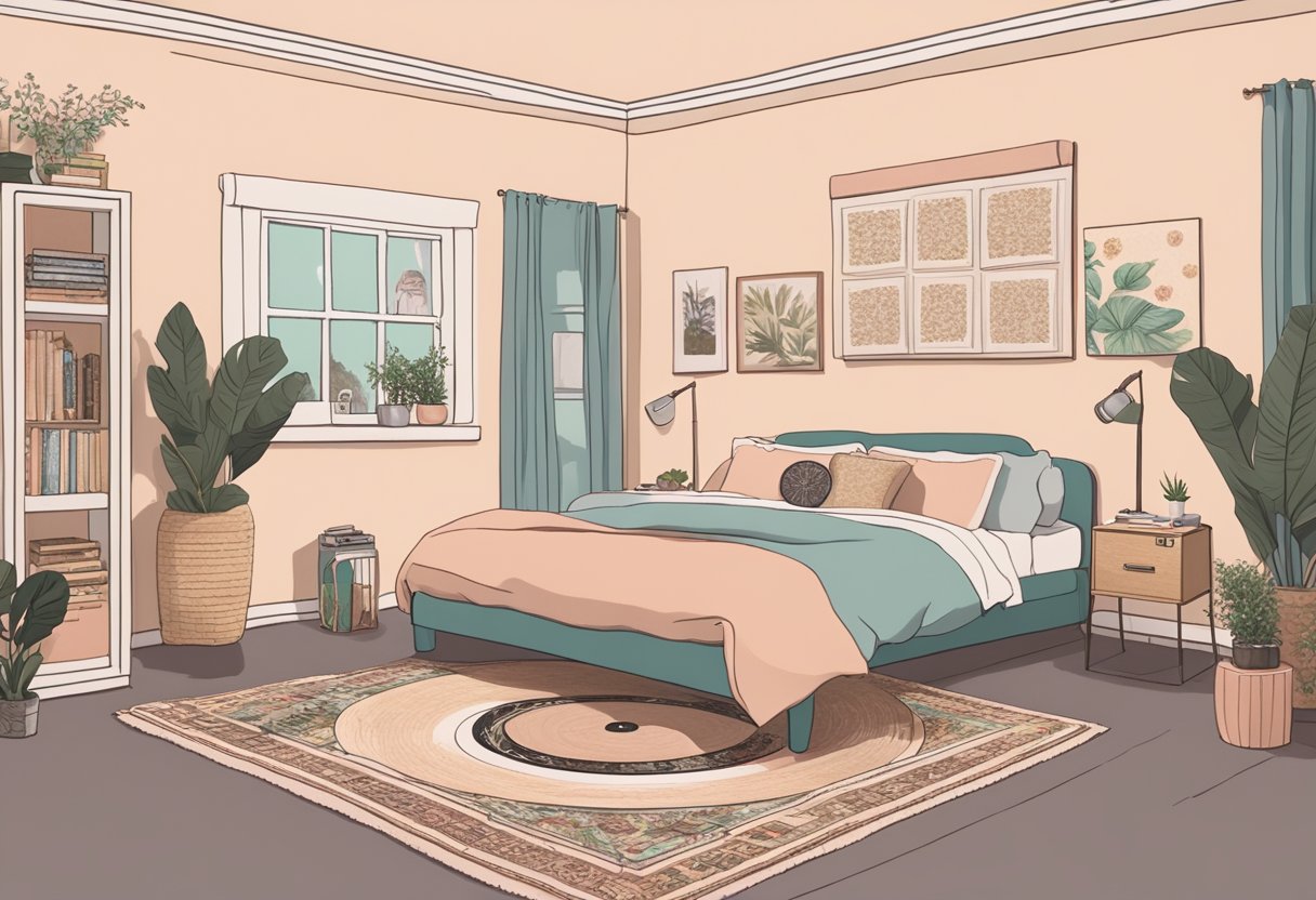 A cozy bedroom with pastel walls, fairy lights, and vintage-inspired decor. A record player sits on a floral rug, surrounded by Taylor Swift albums and framed lyrics
