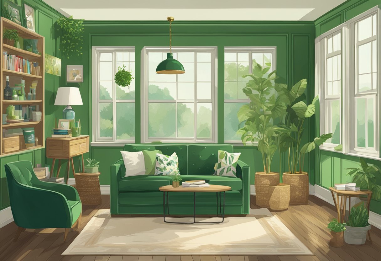 A room with green-themed Taylor Swift decor, featuring posters, albums, and merchandise. Bright and cozy atmosphere with a mix of vintage and modern elements