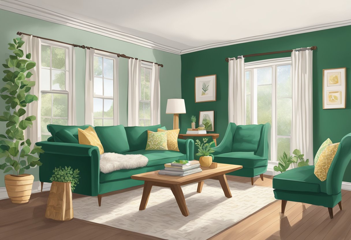 A cozy living room with Taylor Swift-themed decor, featuring green accents and seasonal touches