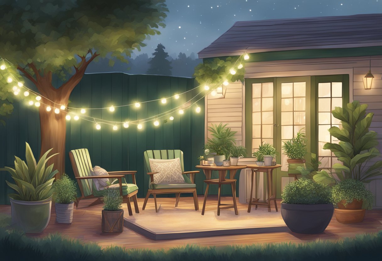 A cozy outdoor setting with green-themed decor inspired by Taylor Swift's style, featuring string lights, vintage furniture, and potted plants