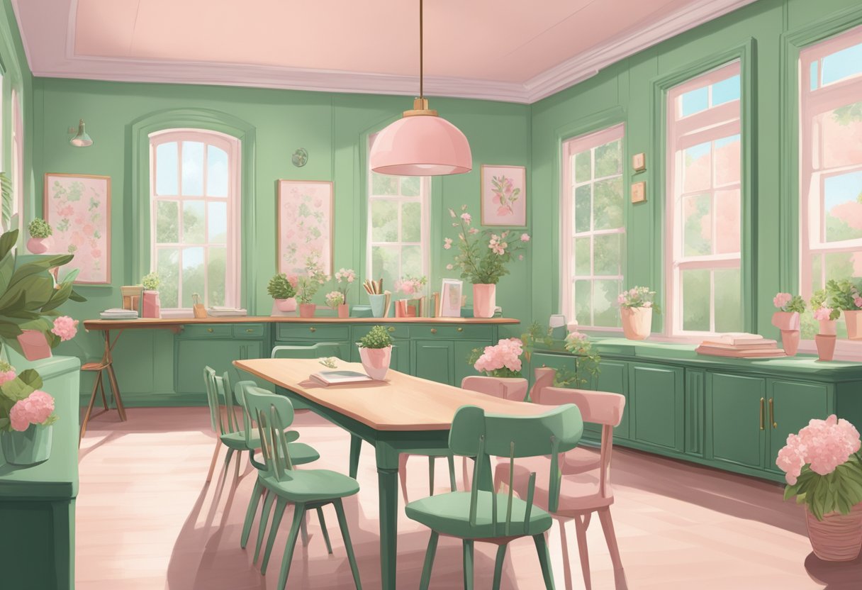 A cozy classroom with green and pastel pink hues, adorned with vintage-inspired furniture and delicate floral accents inspired by Taylor Swift's signature style