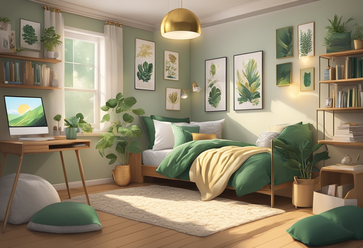 A room with green and gold accents, featuring Taylor Swift albums and posters, fairy lights, and a cozy reading nook with Swift-themed pillows and blankets