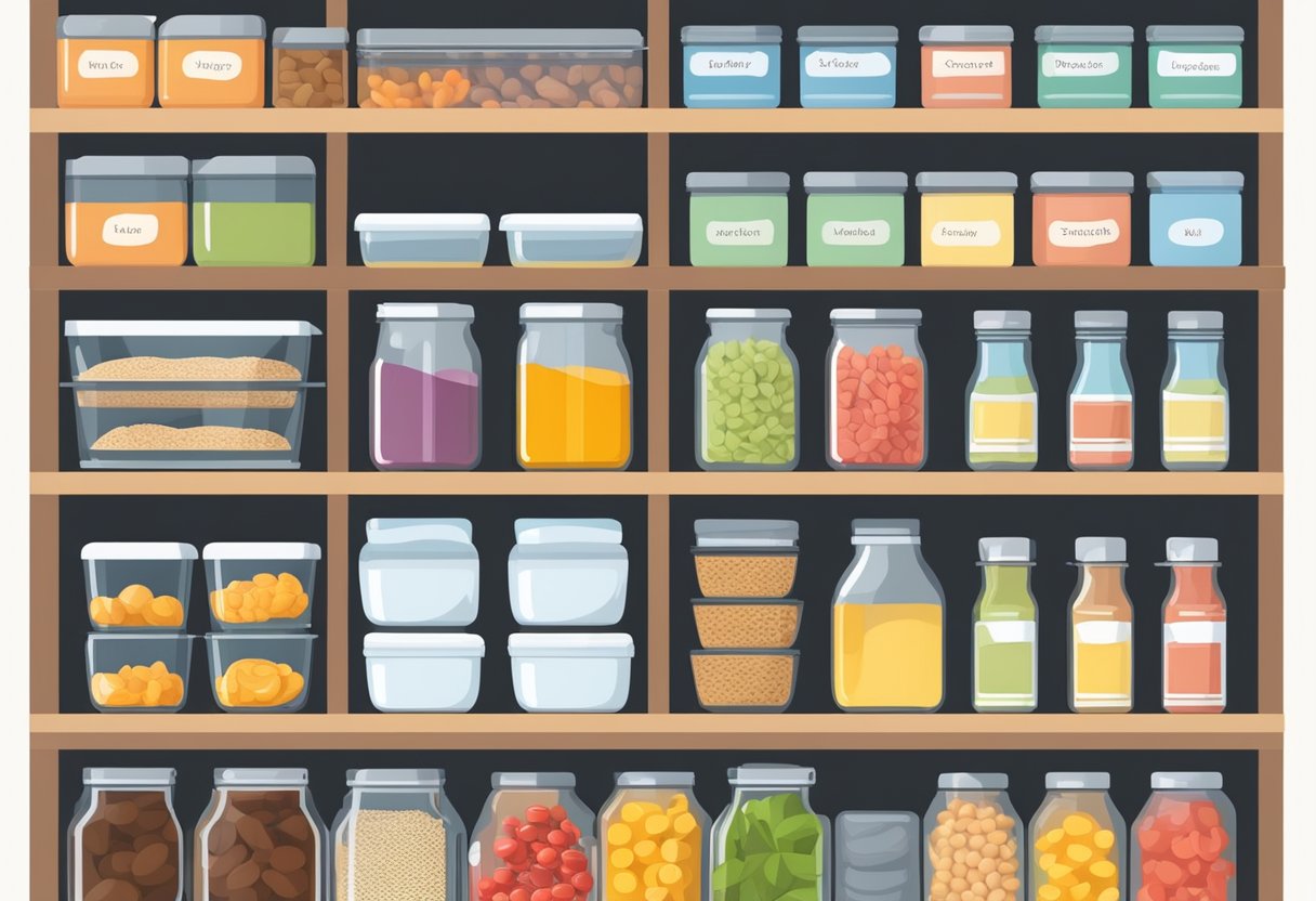 A well-organized pantry with labeled containers, neatly stacked shelves, and a variety of food items arranged by category