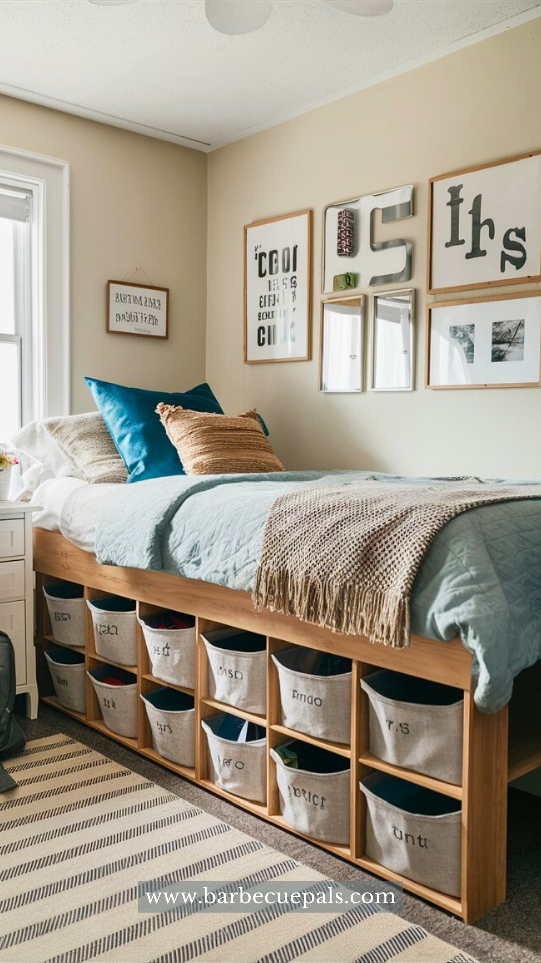 A cozy dorm room with under bed storage bins featuring labeled drawers and stylish space saving design. Include 40 Dorm Storage ideas on the image 1