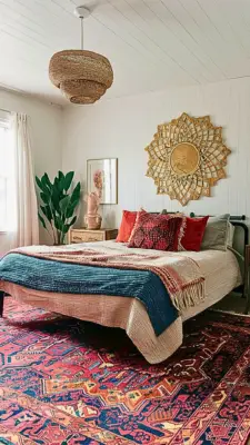 a boho bedroom featuring a vintage rug with intric 1WkNtWtARwG0zbh8F9CjWw nojGc7OuSQSGvHVQbGfghw.jpg