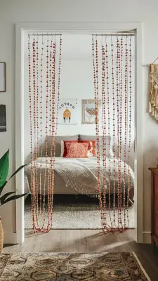 a boho bedroom with beaded curtains hanging in the IUhF5IPvQIODZRHX24vC5A hdr1KWYbSI67 e2ncZIw7g.jpg