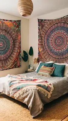 a boho bedroom with colorful tapestries hanging on BE Zf28QQuiSQGTjzwnXeg UVobeJCAQPK7qRD13WLrjA.jpg